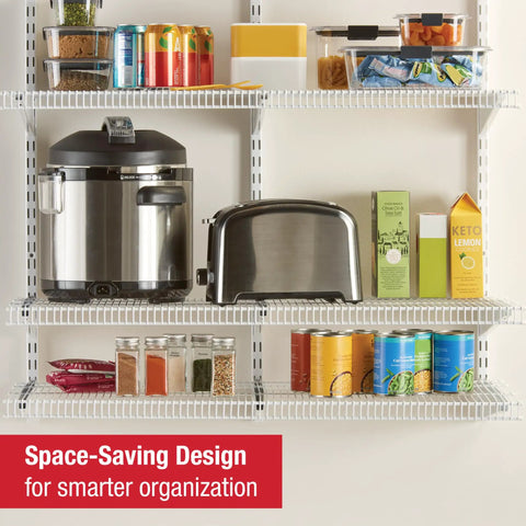 36 Inch Pantry Shelf System With Direct Wall Mount, 4 White Wire Shelves And Mounting Hardware Included, Heavy Duty Closet And Pantry Organizer For Home Storage, Fits 3 Feet Of Horizontal Space with kitchen appliances and food items organized.