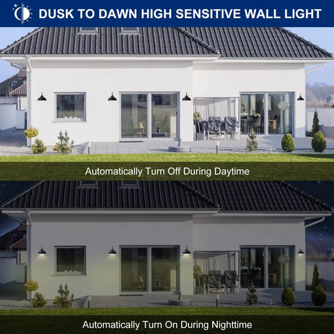 House with Dusk To Dawn 10 Inch Gooseneck Outdoor Wall Light Black Exterior Barn Light Fixture With White Accent showing day and night use.