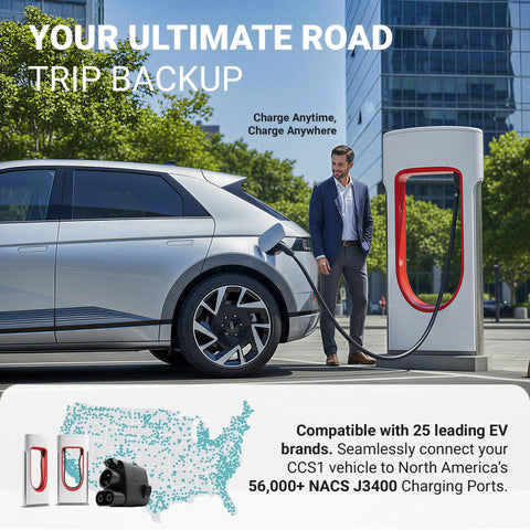 Legit Ul 2252 Certified Nacs To Ccs1 Adapter Hit Tesla Superchargers Smooth As Butter With 600A Fast Charging And Interlock Safety Lock Compatible With Ford Rivian Gm Volvo Polestar EVs, charging a CCS1 EV at supercharger.