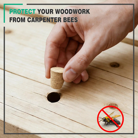 Carpenter Bee Corks 200 Pack For Holes 9-13 Mm Easy To Insert in wooden surface, hand inserting cork into hole