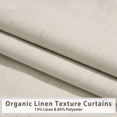 Close-up of 84-inch long white linen blackout curtains, 100 percent light blocking, showing texture and fabric composition.