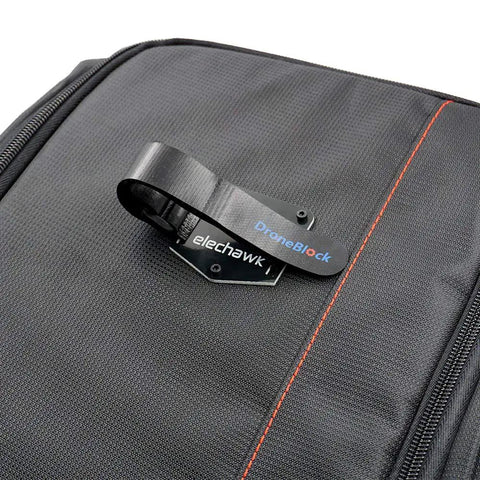 Backpack Mount Kit For FPV Drones, 2 pack lock mounts and plug in bundle shown attached to black backpack with red stitching.