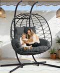 Double Outdoor Hanging Egg Chair With Stand And Oversized Cushion, Easy Setup Heavy Duty Patio Swing Hammock Chair, 700 Lbs Capacity, Thick Metal Frame For Garden, Balcony Or Bedroom, Gray Grand.
