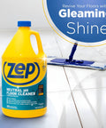 Neutral PH Industrial Floor Cleaner Concentrated Pro Grade Formula For All Surfaces, gallon size, next to mop on tile floor.