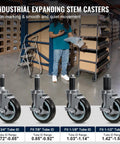 Grit Proof Heavy Duty Expanding Stem Casters Set Of Four For Standard One Inch Tube Legs Quiet Polyurethane Prep Table Wheels, featuring four sizes for various tube IDs.