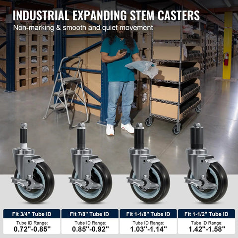 Grit Proof Heavy Duty Expanding Stem Casters Set Of Four For Standard One Inch Tube Legs Quiet Polyurethane Prep Table Wheels, featuring four sizes for various tube IDs.