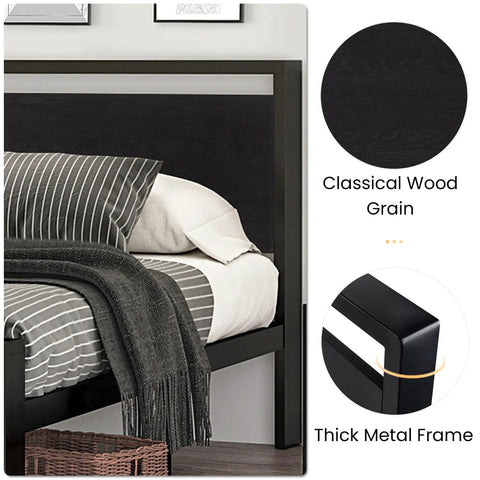 Heavy Duty Full Size Bed Frame With Wooden Headboard And Footboard In Black Oak showcasing classical wood grain and thick metal frame.