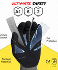 Lightweight Graphene Fiber Cut Resistant Work Gloves ANSI A1 showing puncture and cut protection features in a demonstration.