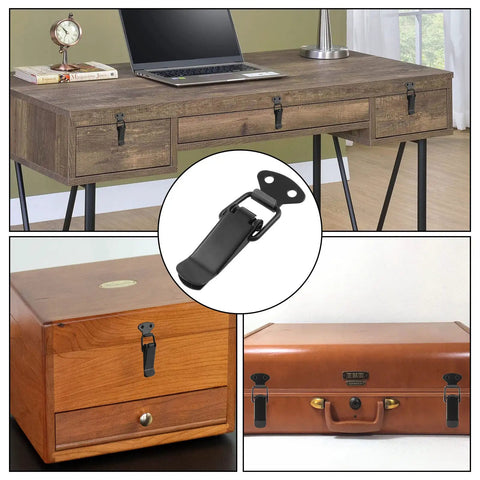 Heavy Duty 4 Pack Spring Toggle Latch 2.8 Inch Black Stainless Steel Cabinet Door Latch on various wooden drawers and a suitcase.