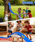Children playing with 20 Foot Flexible Race Track Toy Kit With Four Race Cars And Suction Cups Rolls Up Portable DIY Anti Gravity Track Set For Kids Blue Ideal For Epic Hills Easy Setup Indoor Or Outdoor Play, showing outdoor and indoor setups on grass and wooden floors.