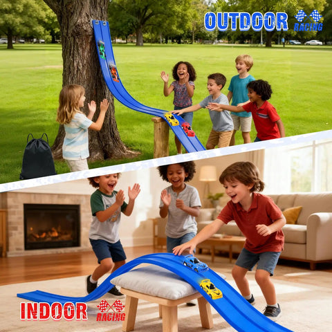Children playing with 20 Foot Flexible Race Track Toy Kit With Four Race Cars And Suction Cups Rolls Up Portable DIY Anti Gravity Track Set For Kids Blue Ideal For Epic Hills Easy Setup Indoor Or Outdoor Play, showing outdoor and indoor setups on grass and wooden floors.