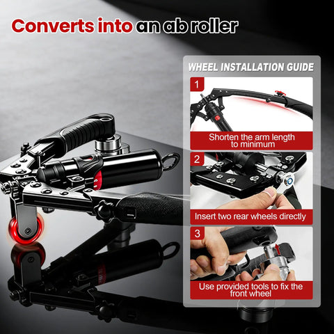 3 In 1 Hydraulic Twist Arm Trainer With Ab Roller And Hooks, showing assembly instructions for ab roller conversion.