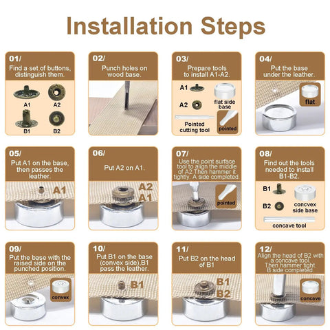 Step-by-step installation guide for All In One Snaps Button Kit For Leather And Fabric, Metal Snap Fasteners with tools.