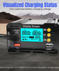 400W Boost MPPT Solar Charge Controller With LCD Display showing charging status on rocky terrain background