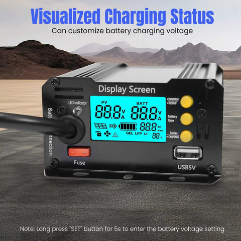 400W Boost MPPT Solar Charge Controller With LCD Display showing charging status on rocky terrain background