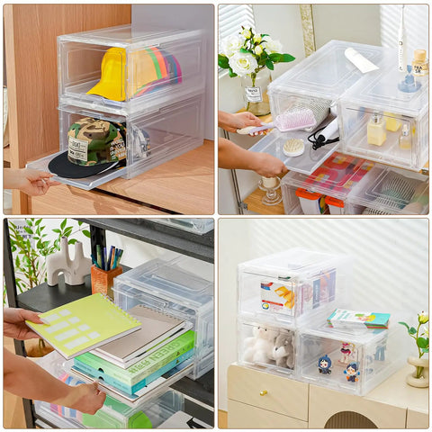 Sleek Stackable Clear Hat Organizer Two Pack With Smooth Glide Drawers Holds A Dozen Baseball Caps Each showcased in use.
