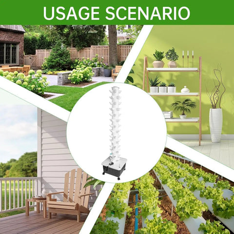 14 Layer Vertical Hydroponic Garden System Kit with 70 slots and 20L water tank illustrated in home and patio settings