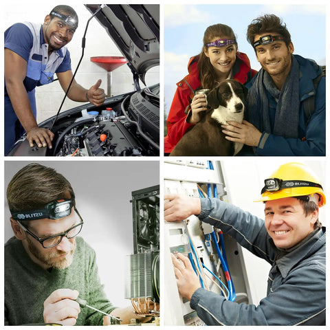 Collage of people using Hands Free Headlamp With Adjustable Lighting Modes, 165 Lumen, for various tasks like repair and hiking.