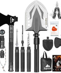 Survival Shovel With High Carbon Steel Blade Folding Entrenching Tool And Axe Tactical Shovel For Camping And Hiking Emergency Car Gear Includes Carry Pouch laid out with accessories.