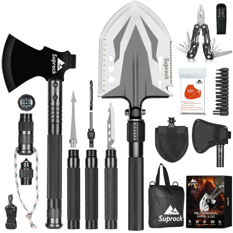 Survival Shovel With High Carbon Steel Blade Folding Entrenching Tool And Axe Tactical Shovel For Camping And Hiking Emergency Car Gear Includes Carry Pouch laid out with accessories.