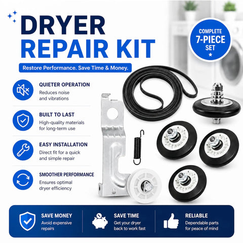 Dryer Drum Roller Kit Replacement For LG Front Load And Electric Dryers, 7-piece set with rollers, belt, pulley, and spring.