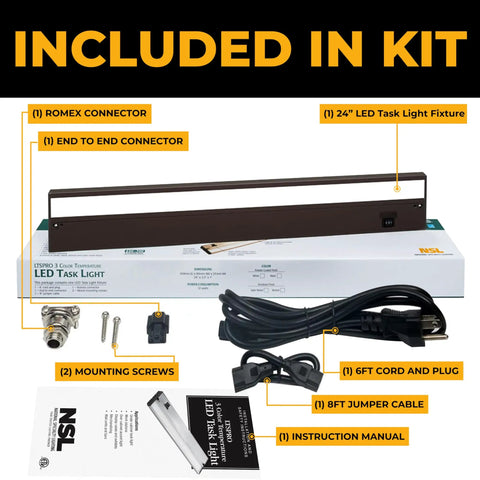 Hardwired Or Plug In LED Under Cabinet Lighting Kit 24 Inch Bronze Finish 3 CCTs 2700K 3000K 4000K contents displayed