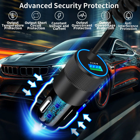 MFi Certified 75W USB C PD And QC Car Charger With 6Ft Coiled Cable For iPhone 17 Series 16 15 Pro Max Plus Galaxy S26 S25 Pixel Fast Charge In Your Car showing advanced security protection features