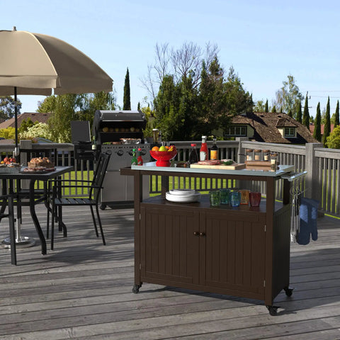 Outdoor Wood Grill Prep Table With Stainless Steel Top Waterproof Cover Dark Brown Finish Solid Wood Construction On Deck