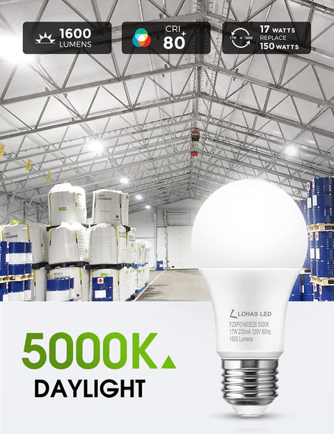 A19 LED Light Bulbs 150W Equivalent 17W 5000K Daylight White 1600 Lumen Energy Efficient UL Listed E26 Base Non Dimmable 4 Pack
