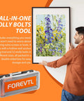 Man installing picture using Molly Bolts Drywall And Plaster Walls Kit With 32 Pieces In 8 Sizes Includes Screws And Molly Bolts Setting Tool Heavy Duty Hollow Wall Anchors Holds Up To 65 Lbs For TV Mounts Pictures Mirrors Shelves.