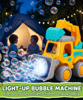 Hootie the Construction Truck Bubble Lawn Mower For Kids Ages 3 To 6 With Flashing Lights Automatic Bubbles Blower Toy For Boys And Girls in front of a tent, blowing bubbles at night.