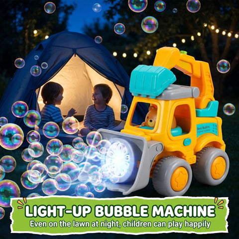 Hootie the Construction Truck Bubble Lawn Mower For Kids Ages 3 To 6 With Flashing Lights Automatic Bubbles Blower Toy For Boys And Girls in front of a tent, blowing bubbles at night.