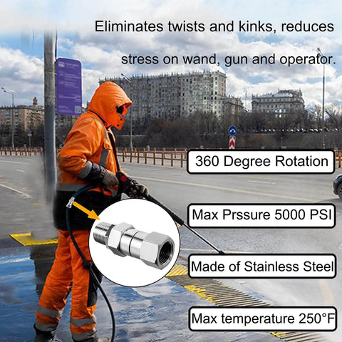 360 Degree Pressure Washer Swivel Fitting Three Eighths Inch NPT Thread Stainless Steel Durable Leak Proof Hose Gun Connector For Easy Cleaning And Smooth Rotations in use