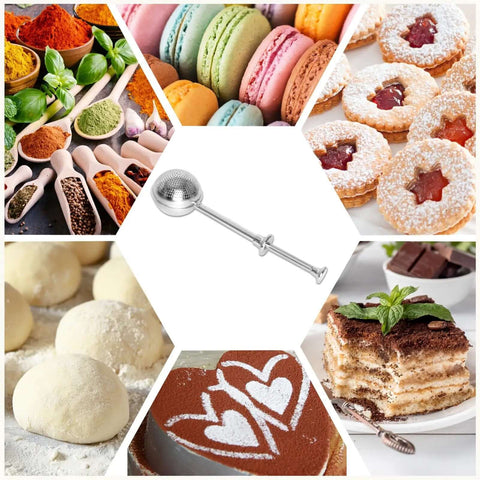 Flour Duster For Baking One Handed Operation Stainless Steel Powdered Sugar Shaker with images of pastries, cookies, and spices.