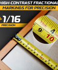 12 Foot Magnetic Tape Measure With Magnetic Hook And Fraction Markings, showing high-contrast fractional markings on yellow tape