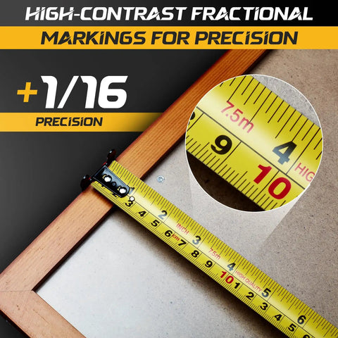 12 Foot Magnetic Tape Measure With Magnetic Hook And Fraction Markings, showing high-contrast fractional markings on yellow tape