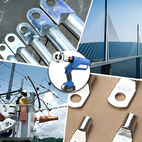 Heavy Duty Cordless Electric Hydraulic Crimping Pliers With Dual 4.0Ah Lithium Packs Handles All Kinds Of Cable Lugs Like A Champ Without Tearing Up Your Hands showing various cable lugs and the tool in action.