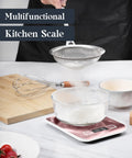Slim Digital Kitchen Scale With 11Lb Capacity, 6 Unit Modes G Kg Lb Oz Ml Milk Ml, Tare Function, stainless steel design, in use.