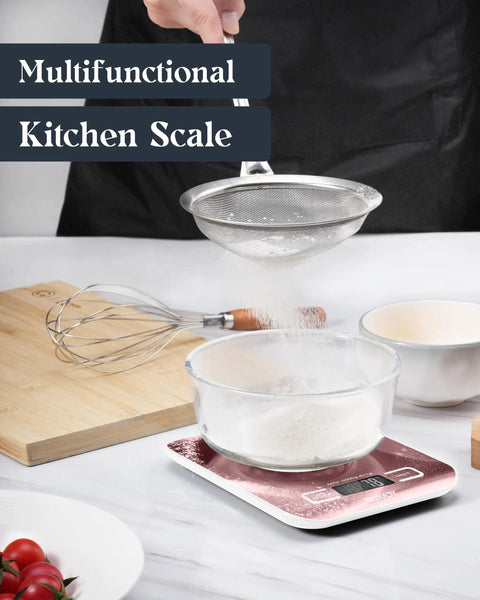 Slim Digital Kitchen Scale With 11Lb Capacity, 6 Unit Modes G Kg Lb Oz Ml Milk Ml, Tare Function, stainless steel design, in use.