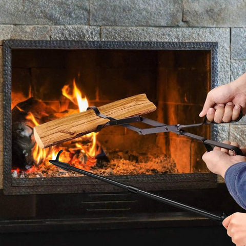 Using the Beefy 32 Inch Fire Pit Poker And 26 Inch Fireplace Tongs Tool Set Log Grabber Rust Resistant Campfire Tools indoors