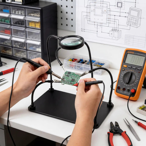 Versatile Soldering Station With 5X Magnifying Glass, Magnetic Helping Hand And 4 Flexible Arms for PCB repair on workspace