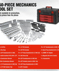 Heavy Duty 450 Piece Drive Socket Set With Quick Release Ratchet Wrench Includes Half Inch Quarter Inch And Three Eighths Inch Drives Chrome Finish For Rust Resistance Metric And Imperial Spanners And Bits Kit For Car Repair And DIY Mechanics displayed with red and black case.