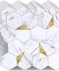 Thick 3mm Hexagon Peel And Stick Backsplash Tiles for Kitchen and Bathroom with Realistic Carrara White Marble Look and Metal Gold Accents
