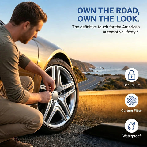 A man installing a silver wheel center cap on a car wheel, showcasing the Crank Up Your Ride With These Sweet 4 Pack Silver Wheel Center Caps That Snap Right On Cars Trucks Or Suv With A Rock Solid Grip 60Mm Size And Built Different Materials To Keep Your Setup Looking Clean All Season Long.