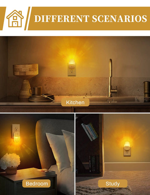 Cozy Amber Warm Night Light Two Pack Plug In Wall LED Night Lights With Dusk To Dawn Sensor 1800K in kitchen, bedroom, study