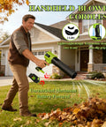 Man using Beast Power Cordless Leaf Blower With Turbo 800000 RPM Motor Dual Speed Nozzles 2x4Ah Batteries And Charger on lawn.