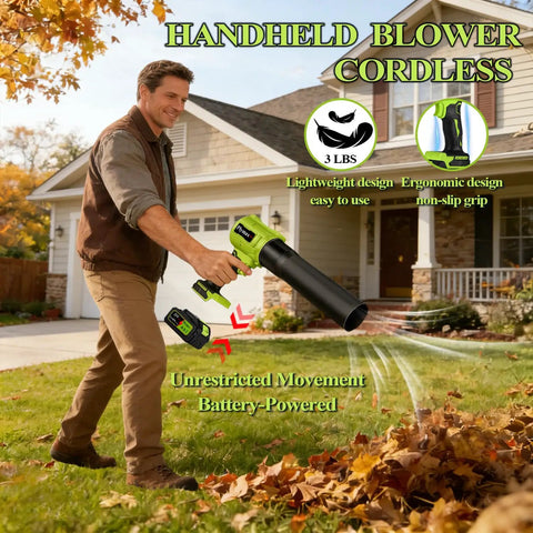 Man using Beast Power Cordless Leaf Blower With Turbo 800000 RPM Motor Dual Speed Nozzles 2x4Ah Batteries And Charger on lawn.