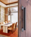 12 Inch Barn Door Pull Handle Heavy Duty Sliding Door Pull For Gate Closet Garage Drawer Towel Bar Stairs Black Finish Durable Steel Construction For Interior And Exterior Use Anywhere installed on wooden door