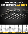 Workhorse Titanium Coated Drill Bit Set With 35 No Nonsense Pieces Including Hss Metal Masonry Wood Bits Plus Nut Drivers Magnetic Holder, detailed tool arrangement.