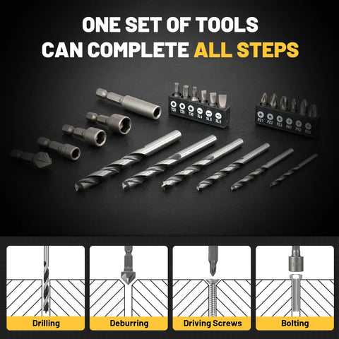 Workhorse Titanium Coated Drill Bit Set With 35 No Nonsense Pieces Including Hss Metal Masonry Wood Bits Plus Nut Drivers Magnetic Holder, detailed tool arrangement.